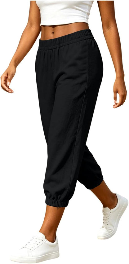 Athletic Joggers for Womens Elastic Waist Linen Capri Pants Ankle Cuffs Sweatpants Baggy Lounge Trousers with Pockets