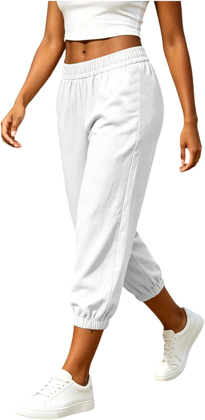 Athletic Joggers for Womens Elastic Waist Linen Capri Pants Ankle Cuffs Sweatpants Baggy Lounge Trousers with Pockets