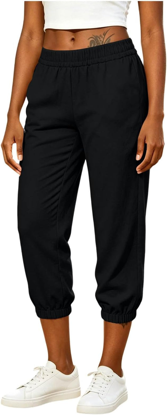 Athletic Joggers for Womens Elastic Waist Linen Capri Pants Ankle Cuffs Sweatpants Baggy Lounge Trousers with Pockets