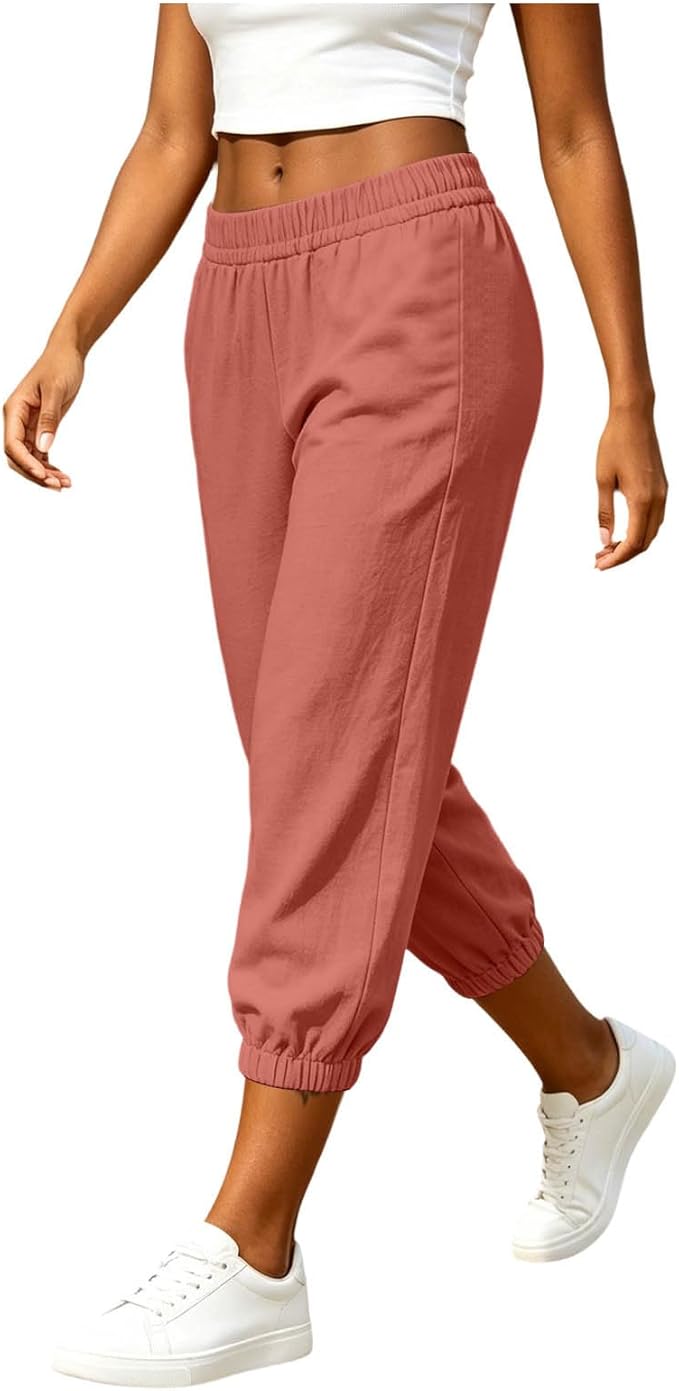 Athletic Joggers for Womens Elastic Waist Linen Capri Pants Ankle Cuffs Sweatpants Baggy Lounge Trousers with Pockets