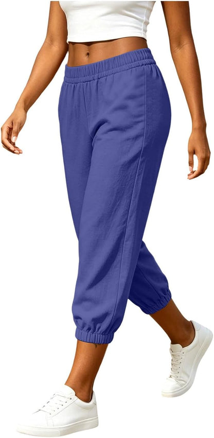 Athletic Joggers for Womens Elastic Waist Linen Capri Pants Ankle Cuffs Sweatpants Baggy Lounge Trousers with Pockets