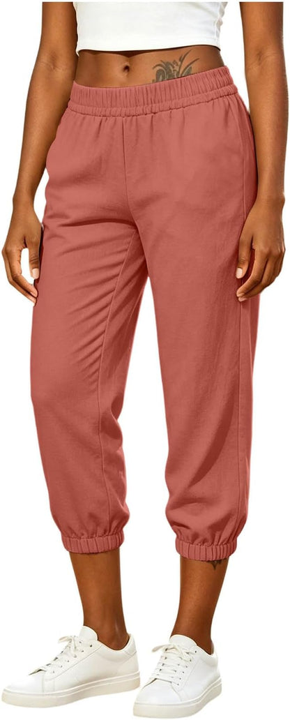 Athletic Joggers for Womens Elastic Waist Linen Capri Pants Ankle Cuffs Sweatpants Baggy Lounge Trousers with Pockets