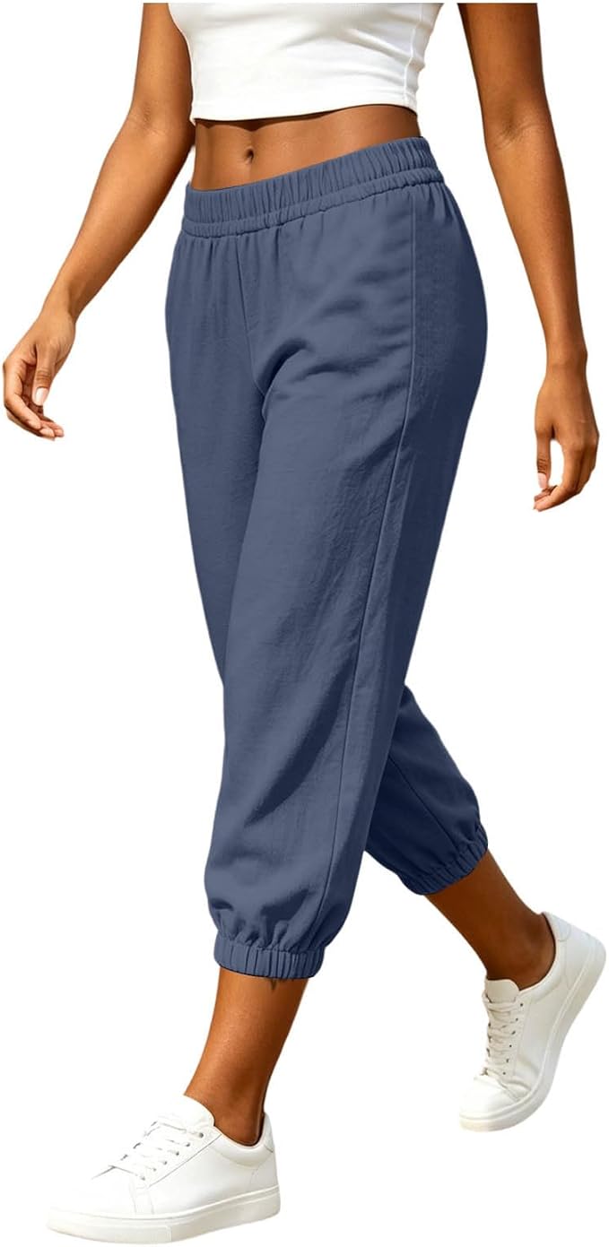 Athletic Joggers for Womens Elastic Waist Linen Capri Pants Ankle Cuffs Sweatpants Baggy Lounge Trousers with Pockets