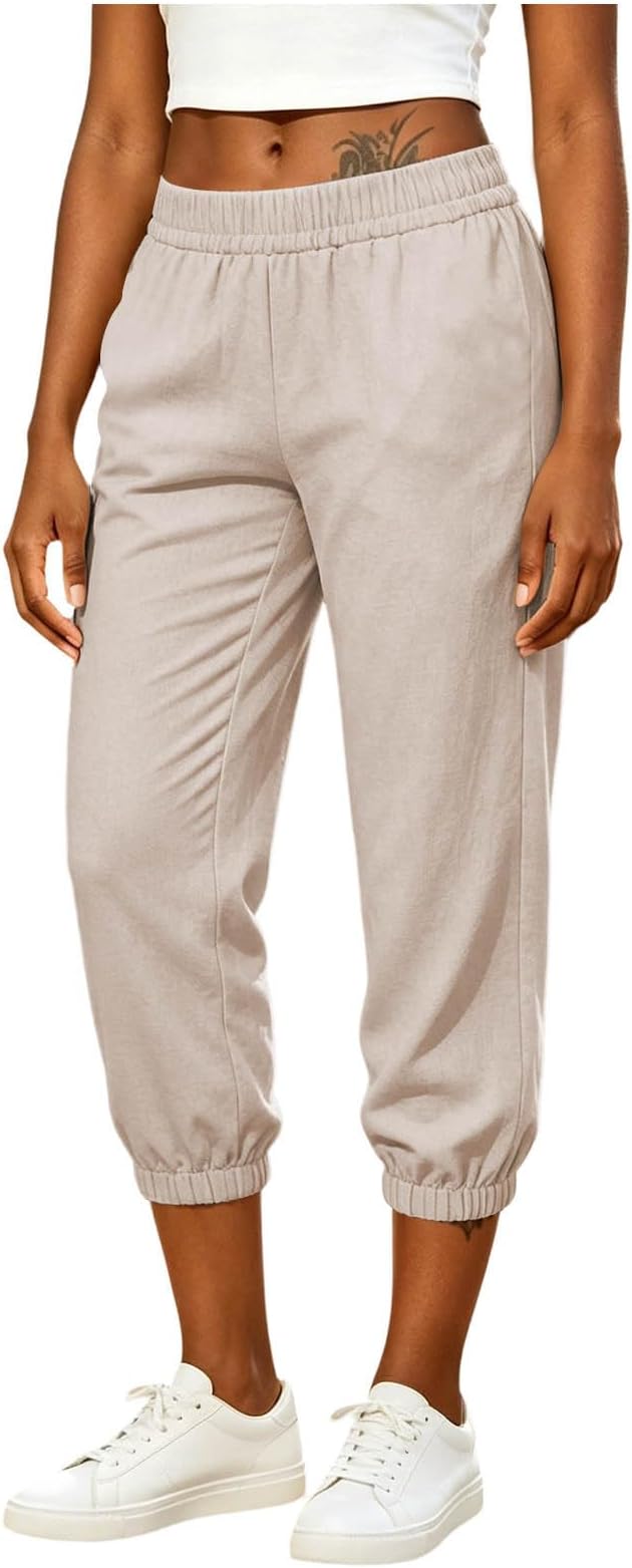 Athletic Joggers for Womens Elastic Waist Linen Capri Pants Ankle Cuffs Sweatpants Baggy Lounge Trousers with Pockets