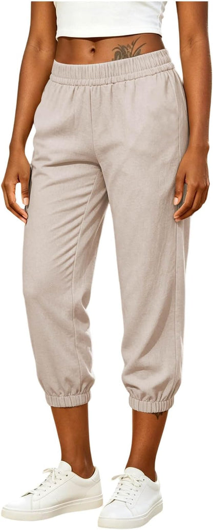 Athletic Joggers for Womens Elastic Waist Linen Capri Pants Ankle Cuffs Sweatpants Baggy Lounge Trousers with Pockets