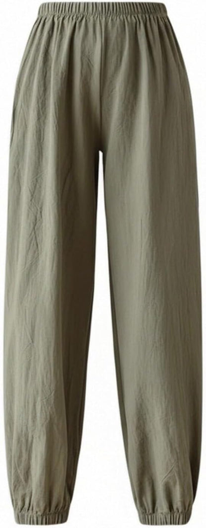 Athletic Joggers for Womens Elastic Waist Linen Capri Pants Ankle Cuffs Sweatpants Baggy Lounge Trousers with Pockets