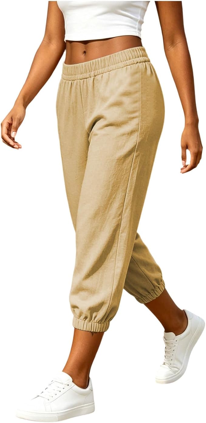 Athletic Joggers for Womens Elastic Waist Linen Capri Pants Ankle Cuffs Sweatpants Baggy Lounge Trousers with Pockets