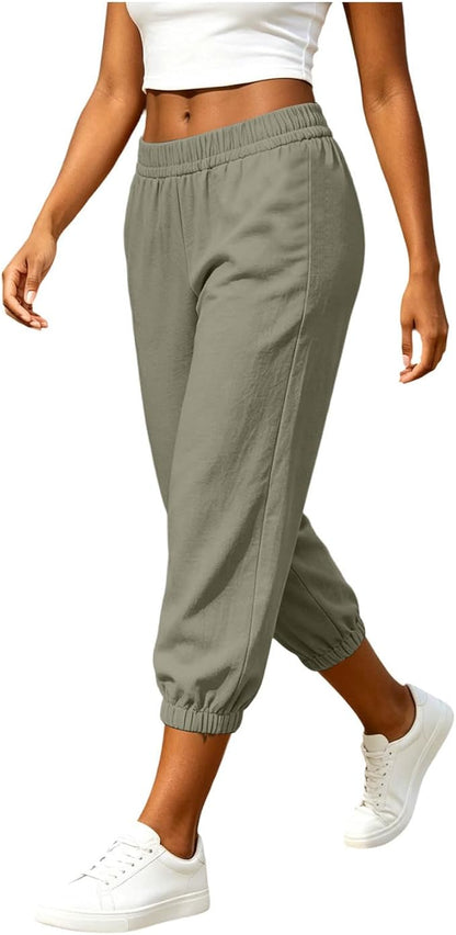 Athletic Joggers for Womens Elastic Waist Linen Capri Pants Ankle Cuffs Sweatpants Baggy Lounge Trousers with Pockets