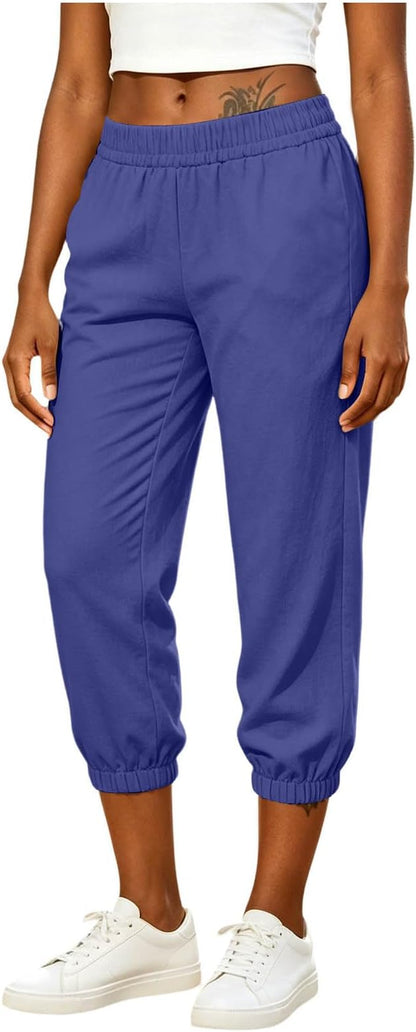 Athletic Joggers for Womens Elastic Waist Linen Capri Pants Ankle Cuffs Sweatpants Baggy Lounge Trousers with Pockets