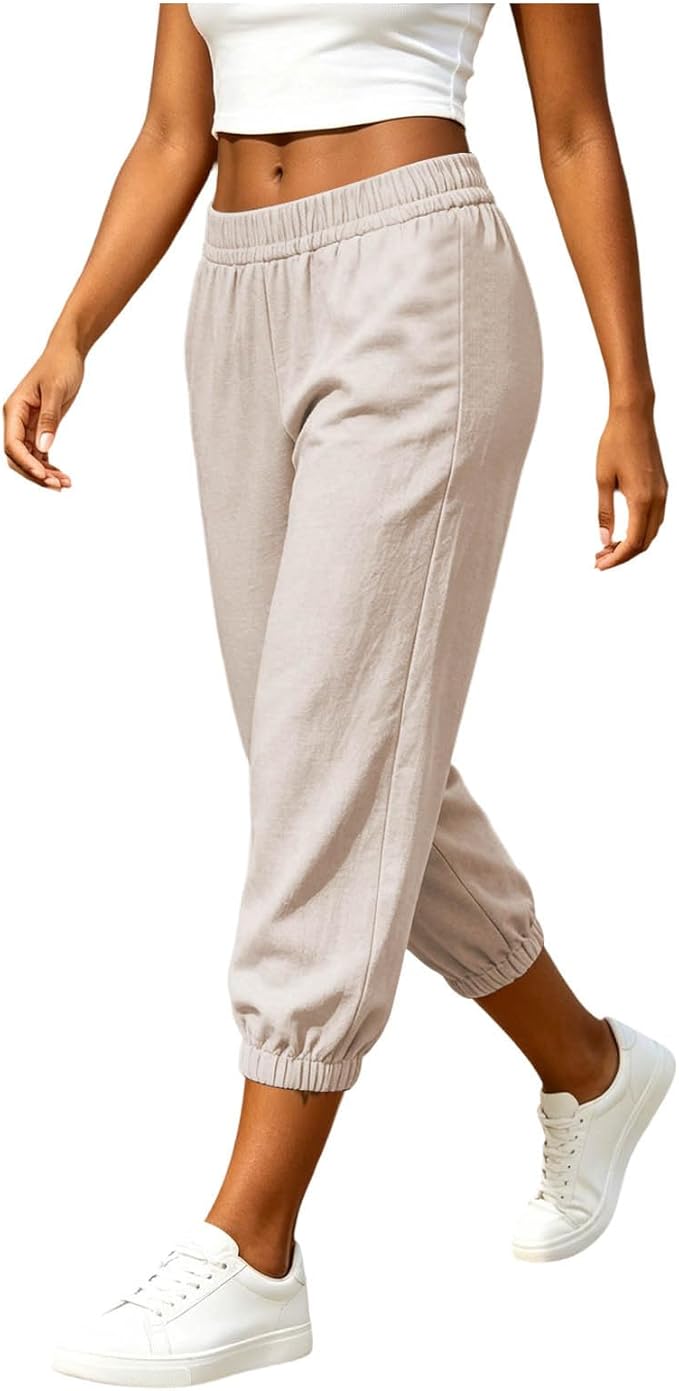 Athletic Joggers for Womens Elastic Waist Linen Capri Pants Ankle Cuffs Sweatpants Baggy Lounge Trousers with Pockets