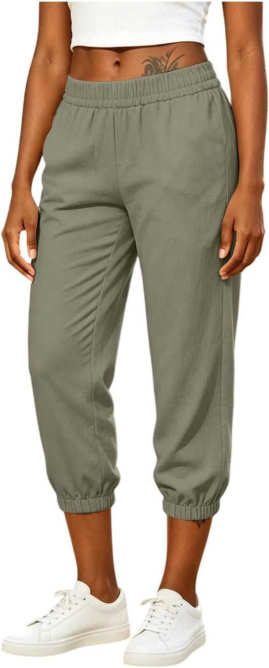 Athletic Joggers for Womens Elastic Waist Linen Capri Pants Ankle Cuffs Sweatpants Baggy Lounge Trousers with Pockets