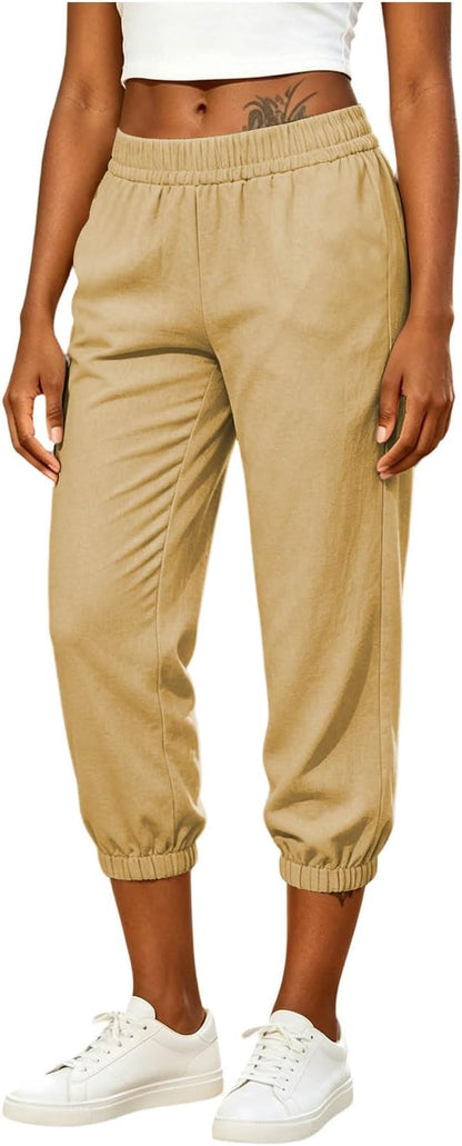 Athletic Joggers for Womens Elastic Waist Linen Capri Pants Ankle Cuffs Sweatpants Baggy Lounge Trousers with Pockets