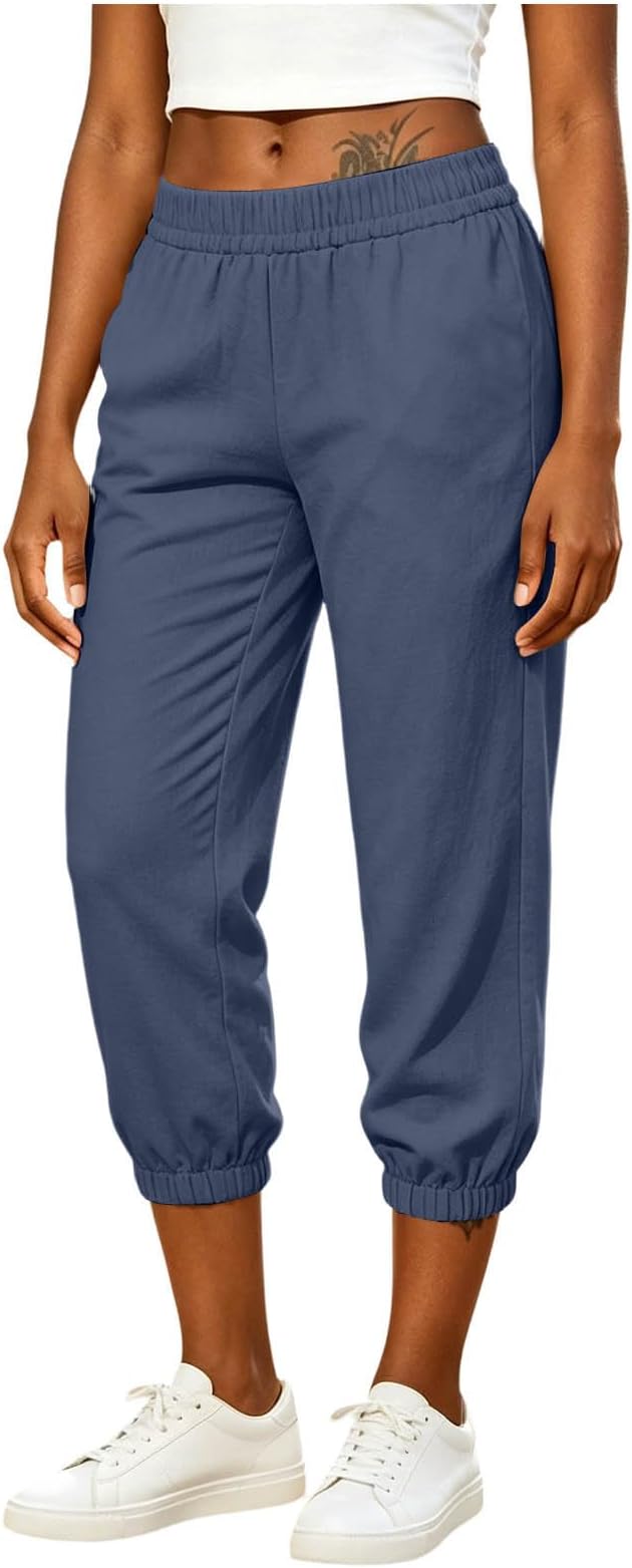 Athletic Joggers for Womens Elastic Waist Linen Capri Pants Ankle Cuffs Sweatpants Baggy Lounge Trousers with Pockets