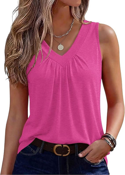 Zeagoo Womens Tank Tops 2026 Summer Sleeveless Tops V Neck Pleated Shirts Basic Tees Loose Fit Dressy Casual Trendy Clothes