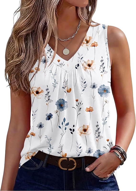 Zeagoo Womens Tank Tops 2026 Summer Sleeveless Tops V Neck Pleated Shirts Basic Tees Loose Fit Dressy Casual Trendy Clothes