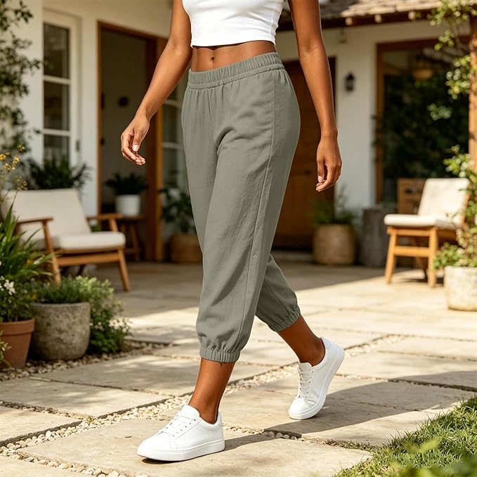 Athletic Joggers for Womens Elastic Waist Linen Capri Pants Ankle Cuffs Sweatpants Baggy Lounge Trousers with Pockets