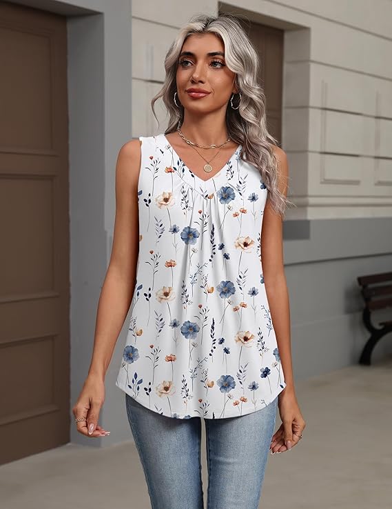 Zeagoo Womens Tank Tops 2026 Summer Sleeveless Tops V Neck Pleated Shirts Basic Tees Loose Fit Dressy Casual Trendy Clothes