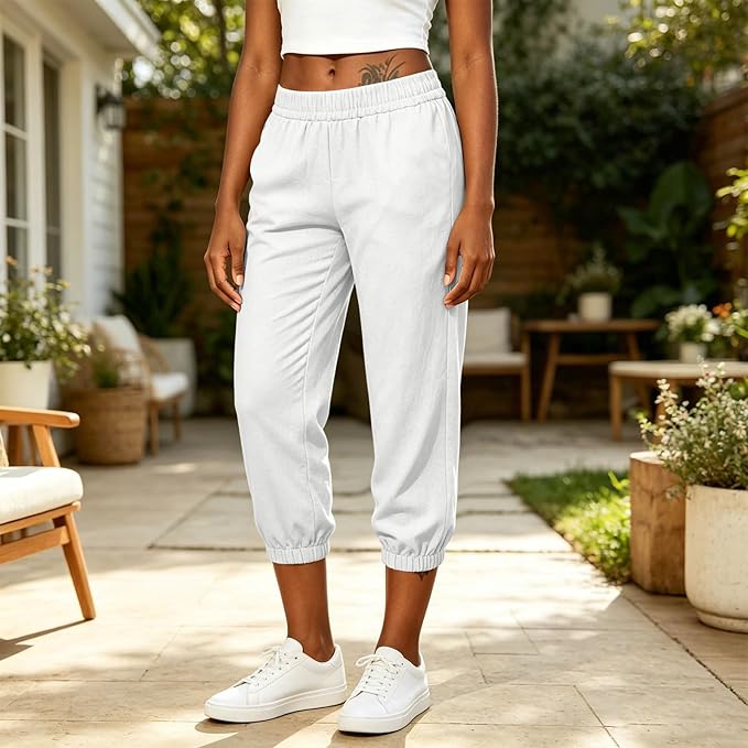 Athletic Joggers for Womens Elastic Waist Linen Capri Pants Ankle Cuffs Sweatpants Baggy Lounge Trousers with Pockets