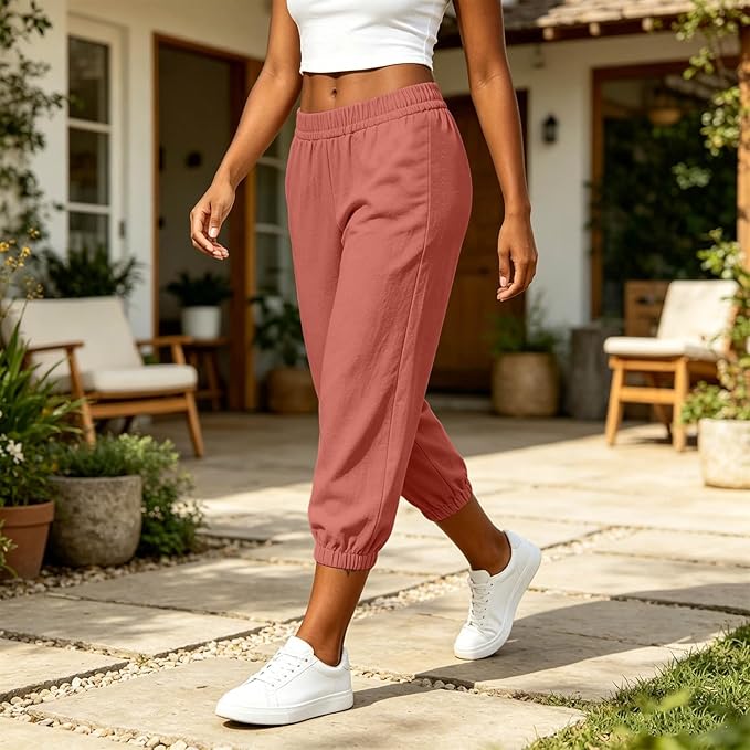 Athletic Joggers for Womens Elastic Waist Linen Capri Pants Ankle Cuffs Sweatpants Baggy Lounge Trousers with Pockets