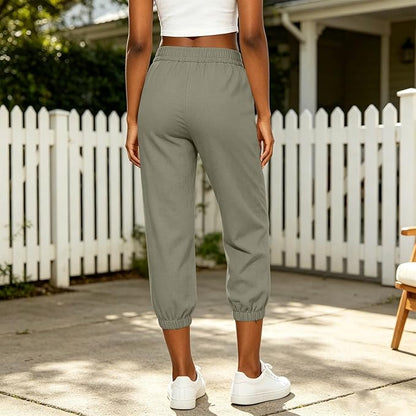 Athletic Joggers for Womens Elastic Waist Linen Capri Pants Ankle Cuffs Sweatpants Baggy Lounge Trousers with Pockets