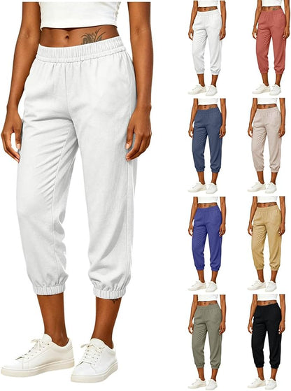 Athletic Joggers for Womens Elastic Waist Linen Capri Pants Ankle Cuffs Sweatpants Baggy Lounge Trousers with Pockets