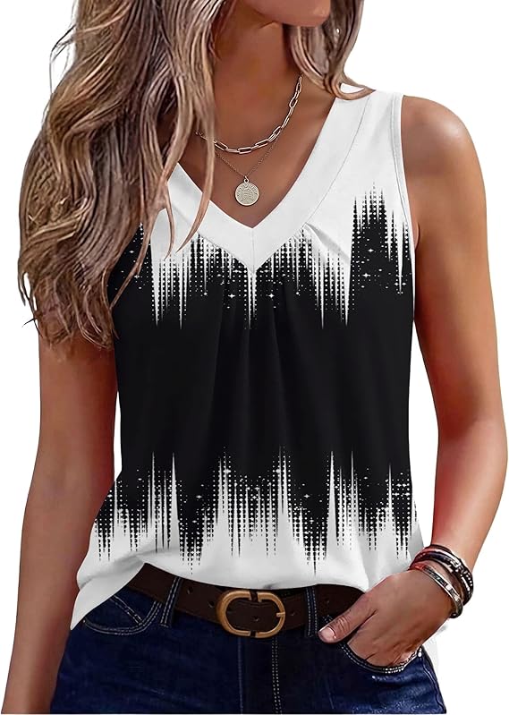 Zeagoo Womens Tank Tops 2026 Summer Sleeveless Tops V Neck Pleated Shirts Basic Tees Loose Fit Dressy Casual Trendy Clothes