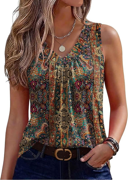 Zeagoo Womens Tank Tops 2026 Summer Sleeveless Tops V Neck Pleated Shirts Basic Tees Loose Fit Dressy Casual Trendy Clothes