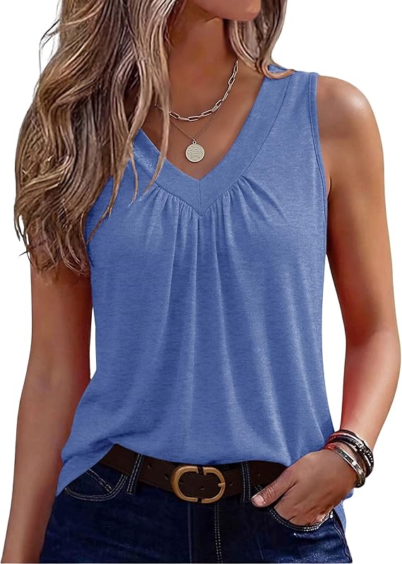 Zeagoo Womens Tank Tops 2026 Summer Sleeveless Tops V Neck Pleated Shirts Basic Tees Loose Fit Dressy Casual Trendy Clothes